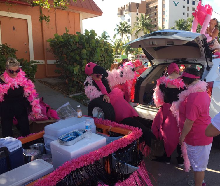 hooking up the pinkj flamingo parade float-fmb community foundation