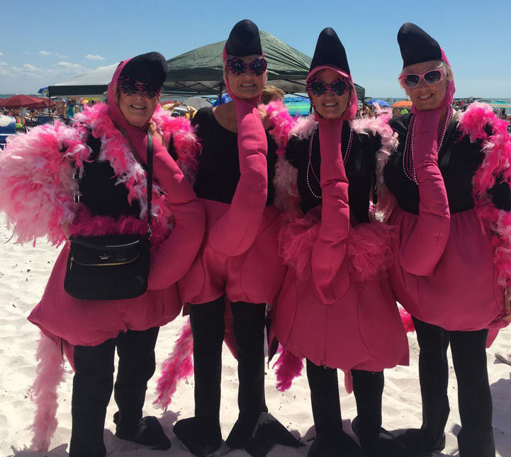 flamingos on the beach-members of the foundation dressed as pink flamingos